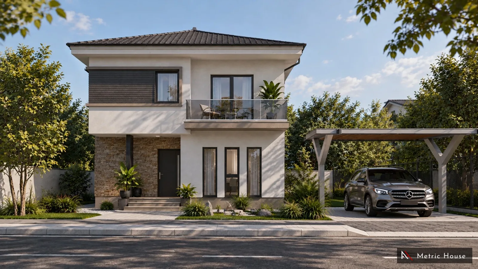 Locuință P+1E cu acoperiș în patru ape, intrare placată cu piatră și carport din lemn