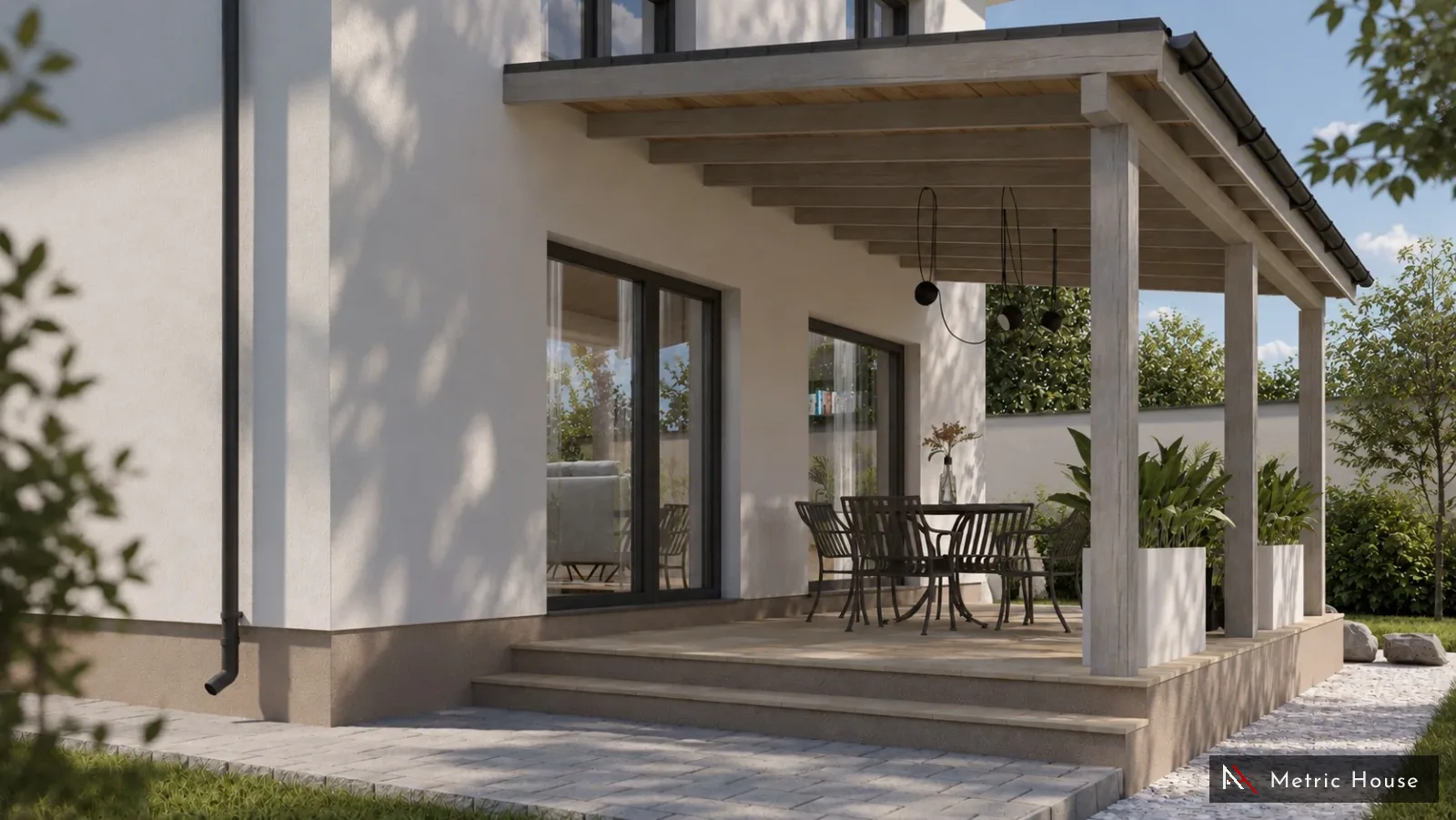 Terasă acoperită cu structură din lemn și uși glisante spre living